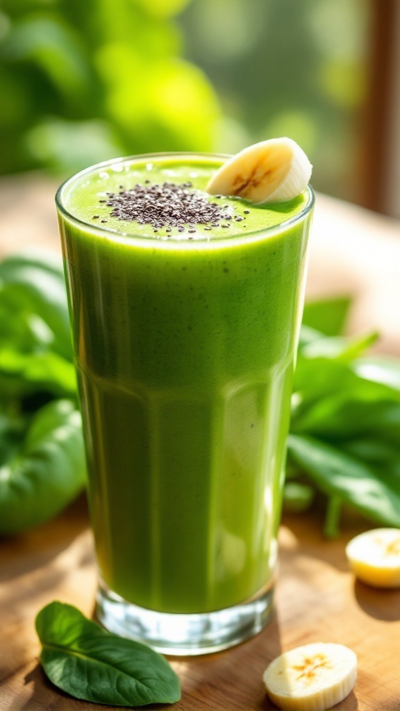 A tall glass of green smoothie with chia seeds and banana slice, surrounded by fresh spinach.